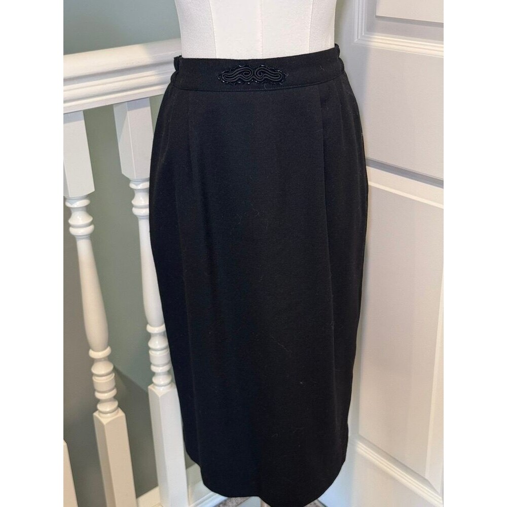 Vintage 100% Wool Black Pencil Skirt Beaded Applique Lined Pleated Size US 6